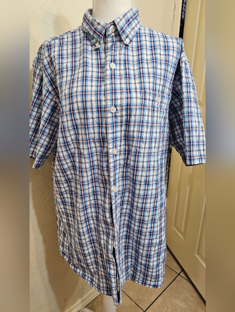 RedHead Short-Sleeve Blue and White Plaid Button-Down Shirt